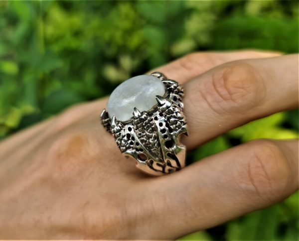 Moonstone STERLING SILVER 925 Ring Genuine Gemstone CLAW Dragons Magic Skull Biker Rock Goth
