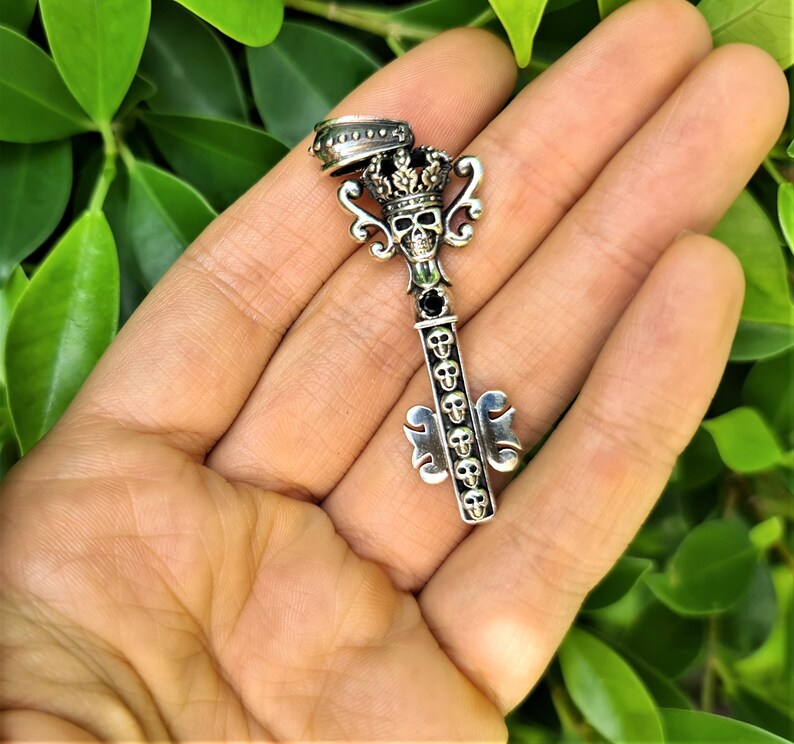 Men's Sterling Silver Skull Key and Lock Necklace