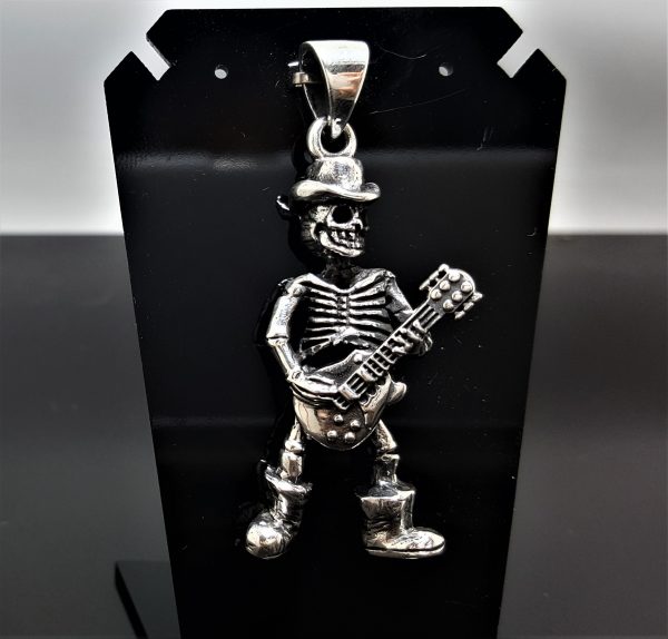 Skeleton Guitar STERLING SILVER 925 Pendant Skull Rock n Roll Biker Rocker Punk Goth