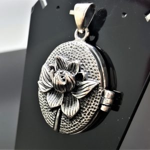 Locket Pendant STERLING SILVER 925 Lotus Flower Floral Design Picture Frame Talisman Amulet Good Luck Gift