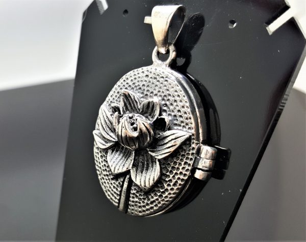Locket Pendant STERLING SILVER 925 Lotus Flower Floral Design Picture Frame Talisman Amulet Good Luck Gift