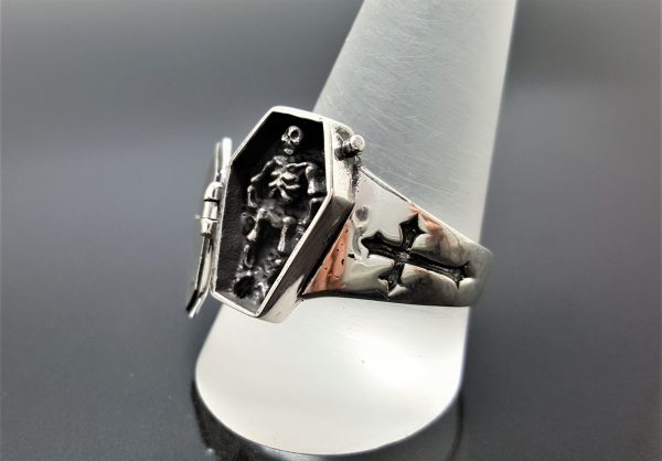 Skeleton in Coffin Locket Ring STERLING SILVER 925 Rock Punk Goth Exclusive Design Gift