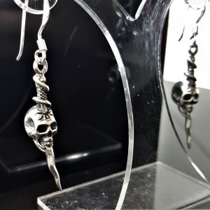 Skull Earrings STERLING SILVER 925 Curvy Dagger Skull Punk Rock Goth Biker Gift