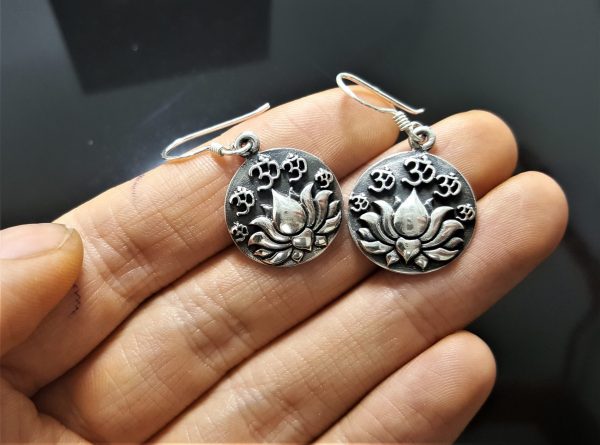 Lotus Om Earrings Sterling Silver 925 Sacred Symbol Talisman Amulet Unique Gift AUM Ohm Buddhist Symbols