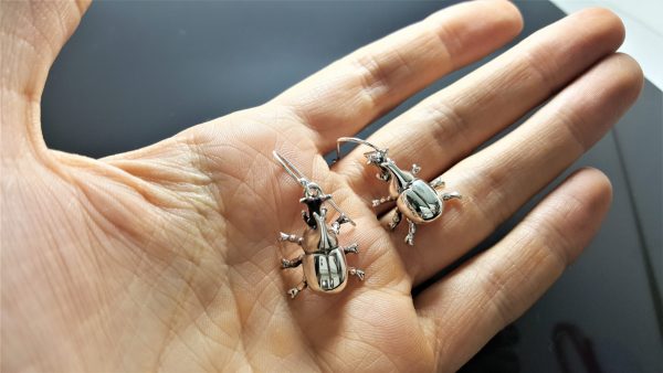 Rhinoceros beetle Earrings STERLING SILVER 925 Insect Stag Beetle Symbol of Metamorphosis Exclusive Design Hercules beetles