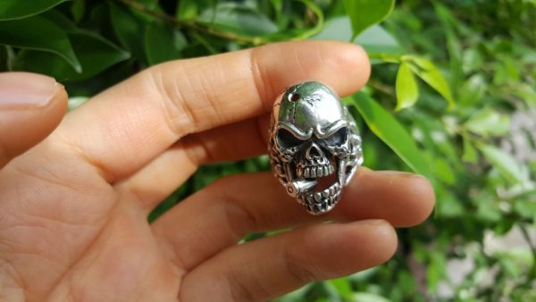 Skull Ring 925 Sterling Silver Skull with Bullet Cigar Biker Rocker Gothic Punk Gift