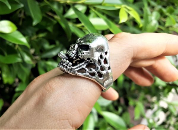 Skull Ring 925 Sterling Silver Skull with Bullet Cigar Biker Rocker Gothic Punk Gift