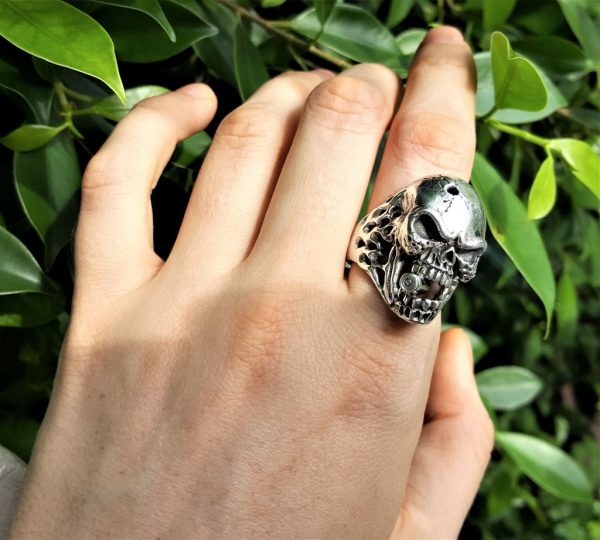 Skull Ring 925 Sterling Silver Skull with Bullet Cigar Biker Rocker Gothic Punk Gift