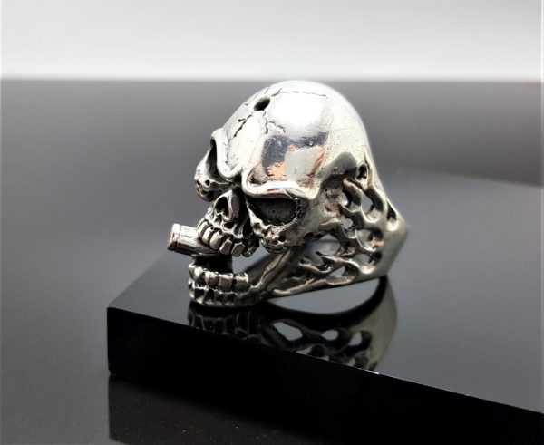 Skull Ring 925 Sterling Silver Skull with Bullet Cigar Biker Rocker Gothic Punk Gift