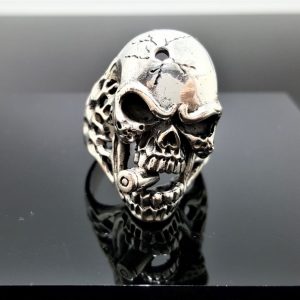 Skull Ring 925 Sterling Silver Skull with Bullet Cigar Biker Rocker Gothic Punk Gift
