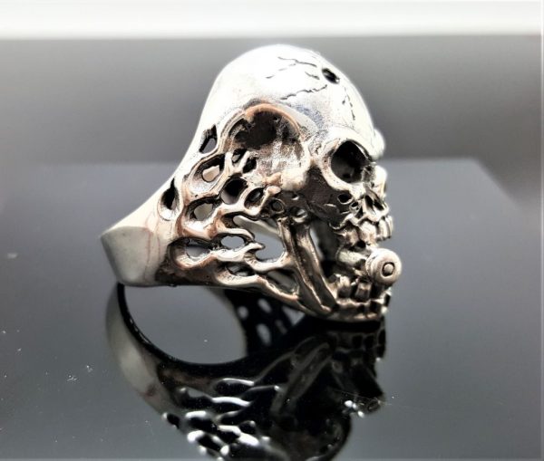 Skull Ring 925 Sterling Silver Skull with Bullet Cigar Biker Rocker Gothic Punk Gift