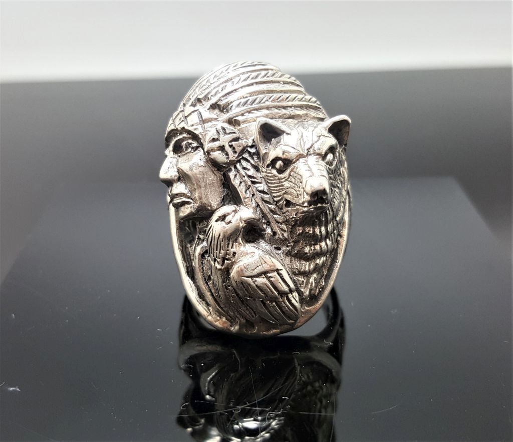 American Indian Ring 925 Sterling Silver Bear Eagle Native American Indian  Spirit Totem Animals