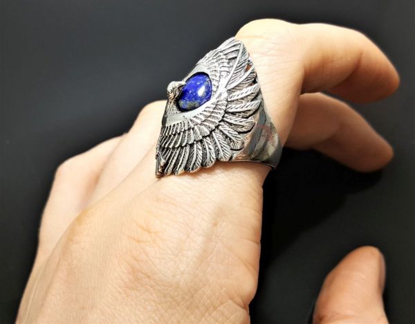 Eagle Ring Sterling Silver 925 Lapis Lazuli Gemstone Eagles Feather Symbol of Great Strength Leadership & Vision Free Spirit Talisman Amulet