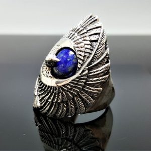 Eagle Ring Sterling Silver 925 Lapis Lazuli Gemstone Eagles Feather Symbol of Great Strength Leadership & Vision Free Spirit Talisman Amulet