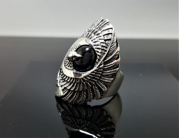 Eagle Ring Sterling Silver 925 Black Onyx Eagles Feather Symbol of Great Strength Leadership & Vision Free Spirit Talisman Amulet