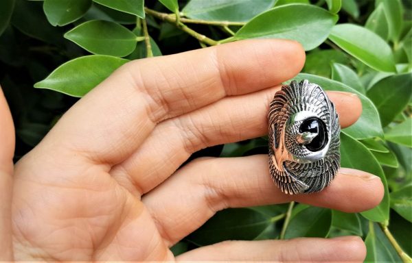 Eagle Ring Sterling Silver 925 Black Onyx Eagles Feather Symbol of Great Strength Leadership & Vision Free Spirit Talisman Amulet