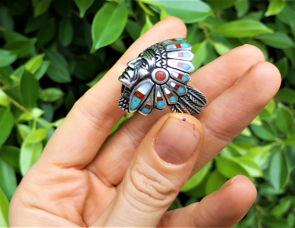American Indian Ring Sterling Silver Tribal Chief Warrior Natural