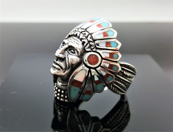 American Indian Ring Sterling Silver 925 Tribal Chief Warrior Natural TURQUOISE, Mother of Pear, Coral Native American Spirit Amulet Talisman