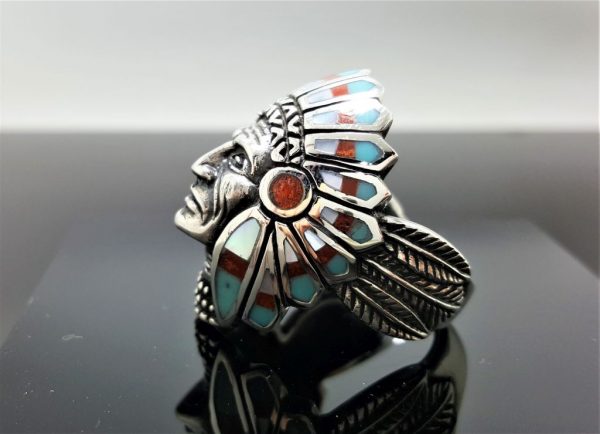 American Indian Ring Sterling Silver 925 Tribal Chief Warrior Natural TURQUOISE, Mother of Pear, Coral Native American Spirit Amulet Talisman