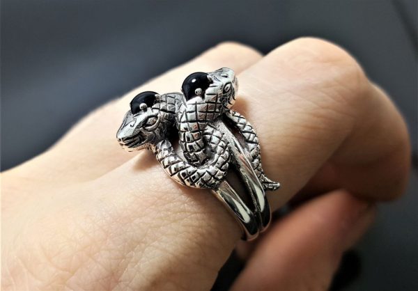 Double Snake Ring 925 Sterling Silver Black Onyx Exclusive Design