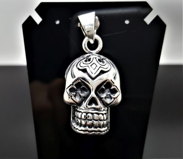 Skull Pendant Sterling Silver 3D Tribal Skull Fleur De Lis Biker Rocker Goth Heavy 20 grams Exclusive Design