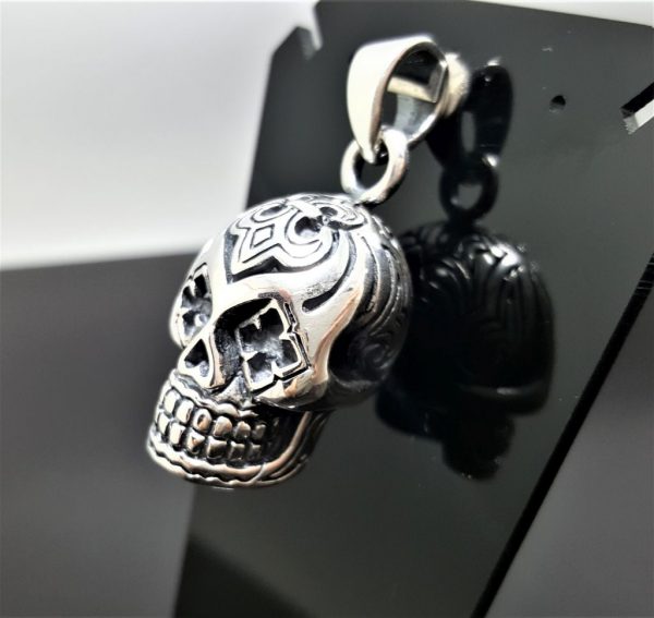 Skull Pendant Sterling Silver 3D Tribal Skull Fleur De Lis Biker Rocker Goth Heavy 20 grams Exclusive Design