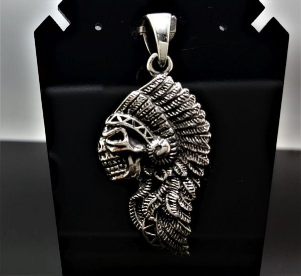 American Indian Skull STERLING SILVER 925 Pendant Native American Tribal Chief Biker Rocker Fathers Day Gift for him
