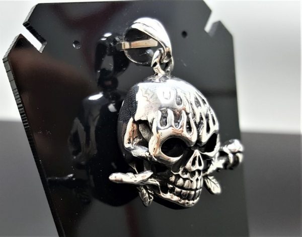 Skull with Rose Pendant Sterling Silver 3D Skull Biker Rocker Goth Exclusive Design