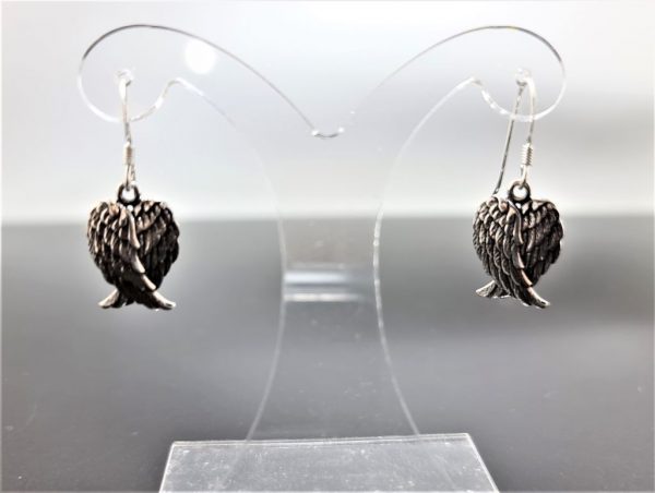 Angel Wings Earrings 925 Sterling Silver Heart Shape Drop Dangles Talisman Protective Amulet