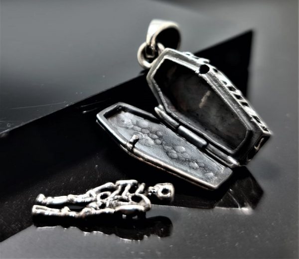 Gothic Cross Coffin Locket Pendant STERLING SILVER 925 Skeleton in Coffin Rock Punk Goth Exclusive Design Gift