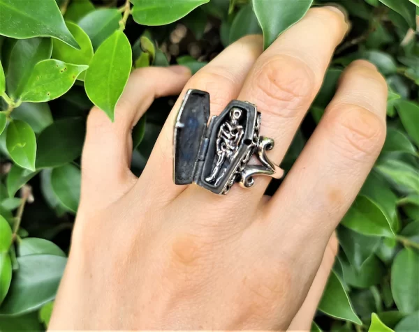 Gothic Cross Coffin Locket Ring STERLING SILVER 925 Skeleton in Coffin Rock Punk Goth Exclusive Design Gift