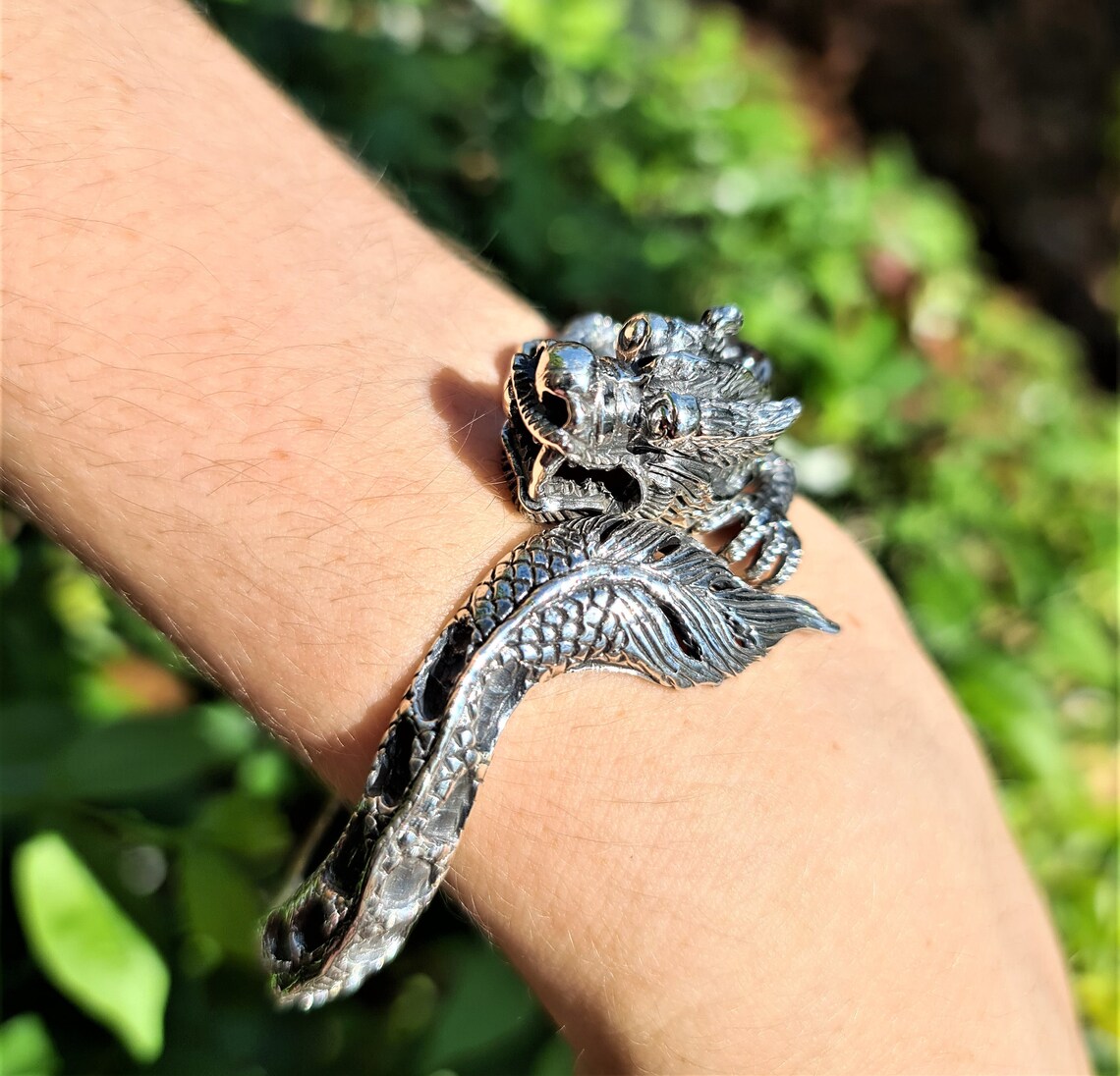 Sterling Silver Floral Dragon Cuff Bracelet - 7