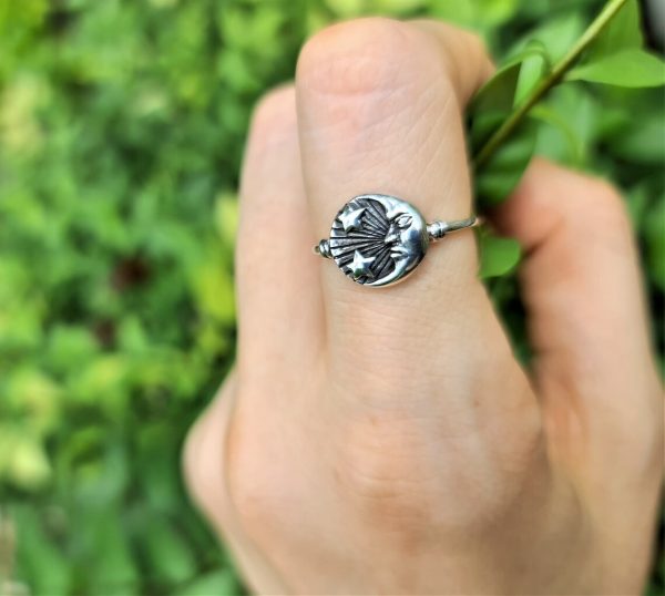 Crescent Moon Ring Sterling Silver 925 Moon with Stars Celestial Divine Talisman Protective Amulet Sacred Symbol Divinity Moon Goddess