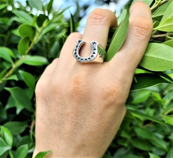 Horse Shoe Ring STERLING SILVER 925 Lucky Horseshoe with Stars Good Luck Talisman