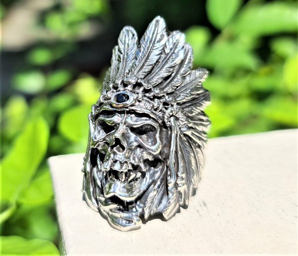 Skull Indian Tribal Chief Ring STERLING SILVER 925 American Indian Red Warrior Skull Grand Cherokee Amulet Talisman