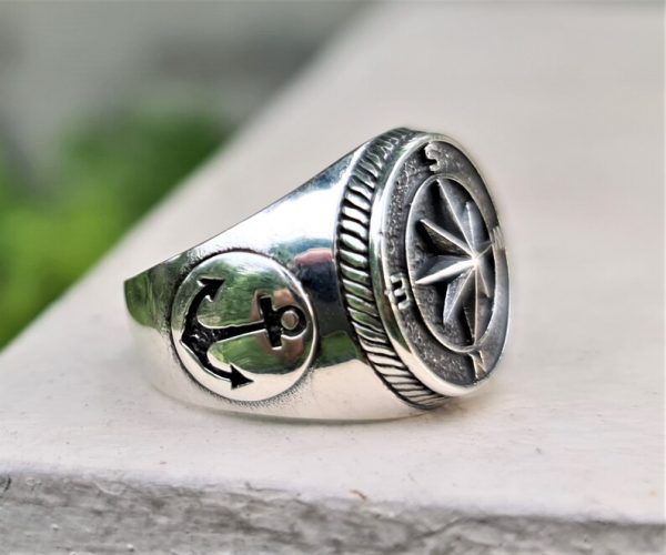 Wind Rose Compass Ring 925 STERLING SILVER Anchor Nautical Sun Dial Compass North/South East/West