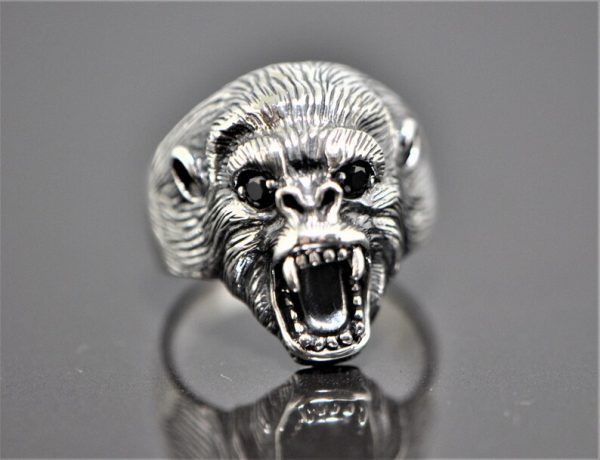 Roaring Gorilla Ring 925 Sterling Silver Black Onyx Eyes Large Fangs Monkey Totem Animal
