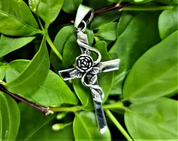 Rose Cross Pendant 925 STERLING SILVER Rosicrucian Floral Cross Sacred Symbol Talisman Amulet