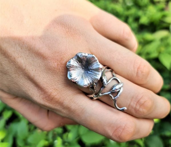 Flower Ring STERLING SILVER 925 Petunia Floral Exclusive Design Long Knuckle Ring
