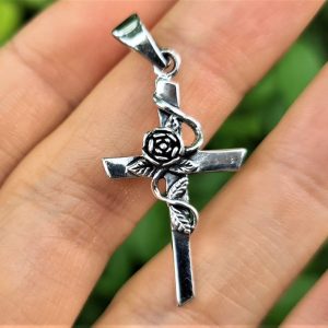 Rose Cross Pendant 925 STERLING SILVER Rosicrucian Floral Cross Sacred Symbol Talisman Amulet