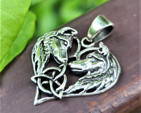Heart Shaped Wolves Pendant STERLING SILVER 925 Celtic Trinity Knot Pair of Wolves Celtic Wolf Love Talisman