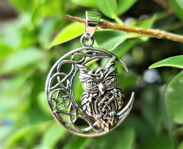 Silver Owl Crescent Moon Pentagram Pendant