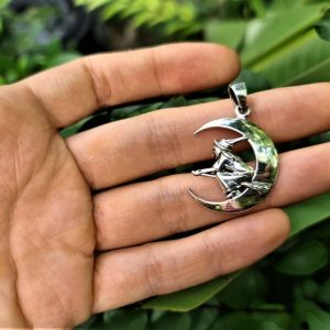 Flying Witch Pendant STERLING SILVER 925 Halloween Silver Gift Witch on a broom Occult Crescent Moon