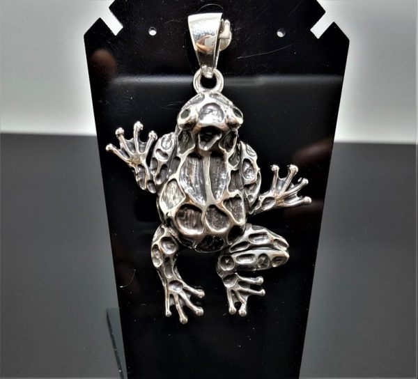 Frog Pendant 925 STERLING SILVER Black Onyx Eye Large Frog Good Luck Talisman Amulet Exclusive Design