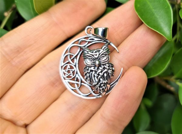 Silver Owl Crescent Moon Pentagram Pendant