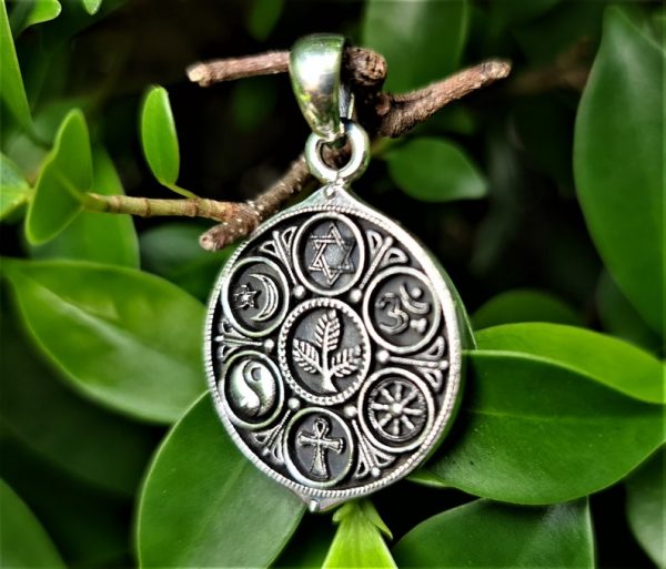 Unity Sacred Symbols Pendant 925 Sterling Silver CO-EXIST Yin Yang Crescent Moon David’s Star Buddhist Wheel of Life Ohm Aum Christian Cross