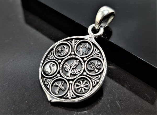 Unity Sacred Symbols Pendant 925 Sterling Silver CO-EXIST Yin Yang Crescent Moon David’s Star Buddhist Wheel of Life Ohm Aum Christian Cross