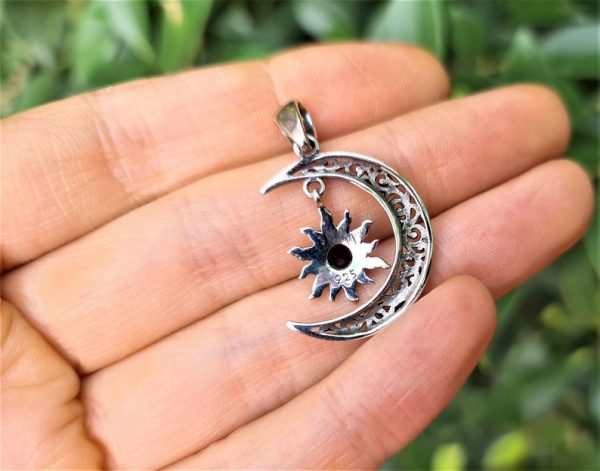 Crescent Moon with Star/Sun Pendant 925 Sterling Silver
