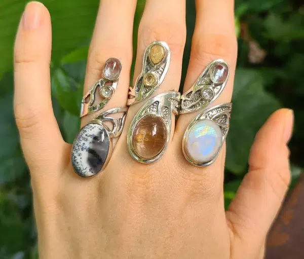 Silver Dendritic Agate, Golden Rutile & Moonstone Rings