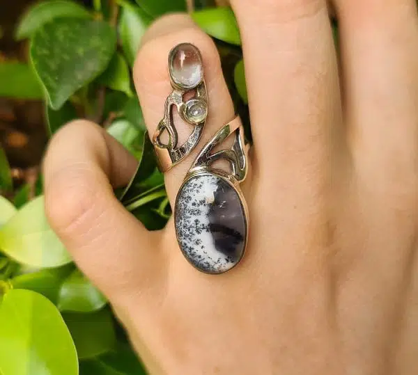 Silver Dendritic Agate, Golden Rutile & Moonstone Rings - Image 4